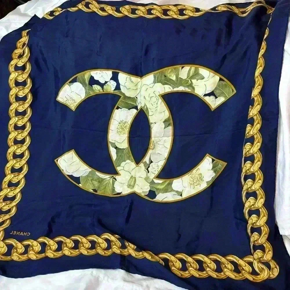 AUTHENTIC CHANEL SILK navy scarf logo chain camellia